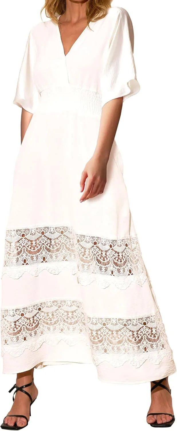 Women's Boho Maxi Dress Short Sleeve V Neck Long Flowy Dresses Smocked Waist Lace Wedding Guest Dress with Pockets