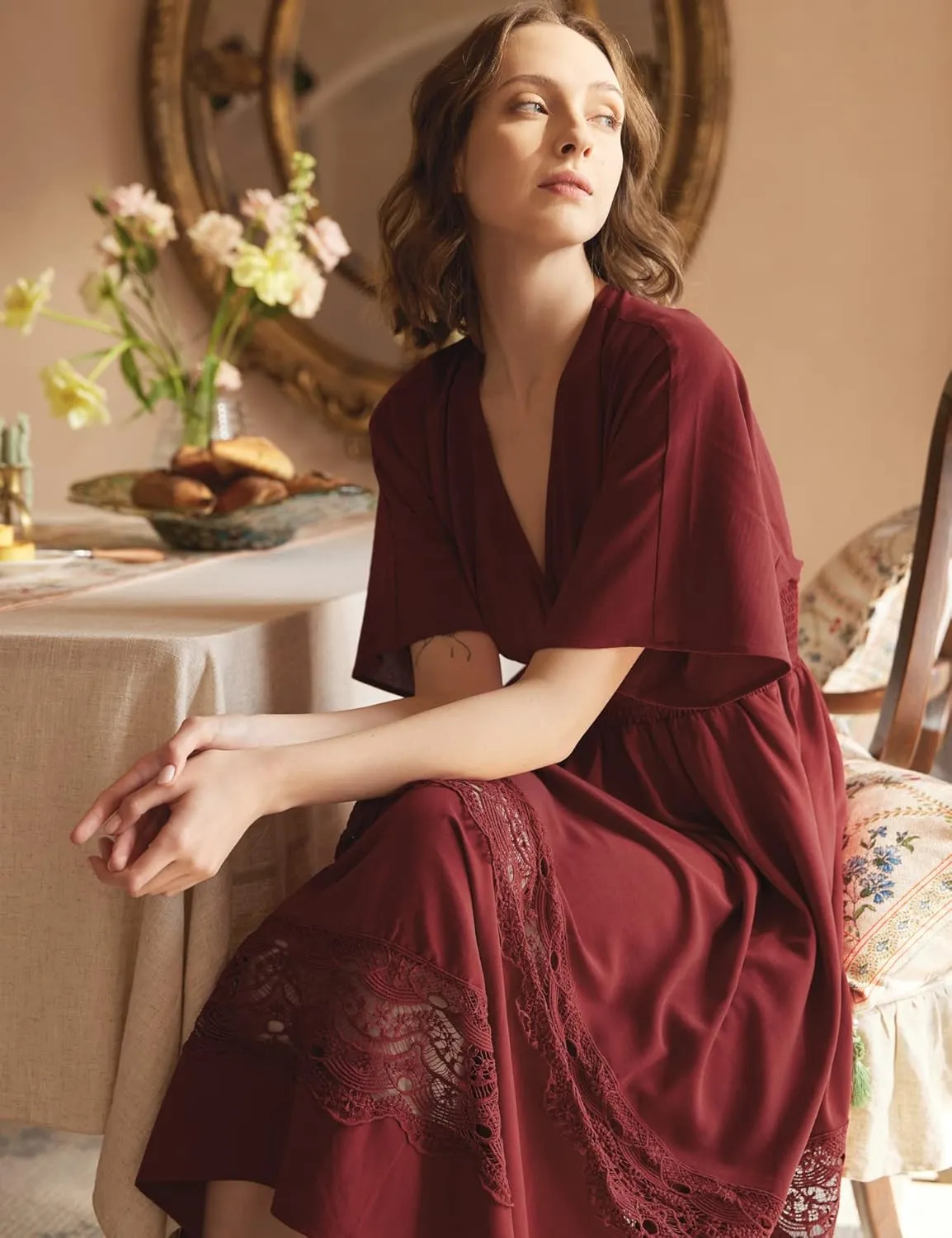 Women's Boho Maxi Dress Short Sleeve V Neck Long Flowy Dresses Smocked Waist Lace Wedding Guest Dress with Pockets