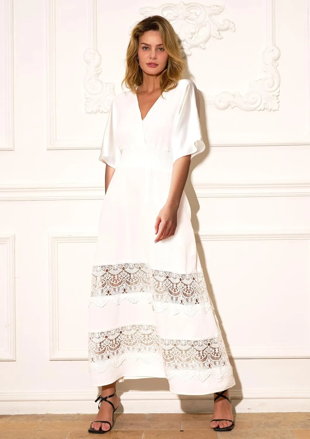 Women's Boho Maxi Dress Short Sleeve V Neck Long Flowy Dresses Smocked Waist Lace Wedding Guest Dress with Pockets