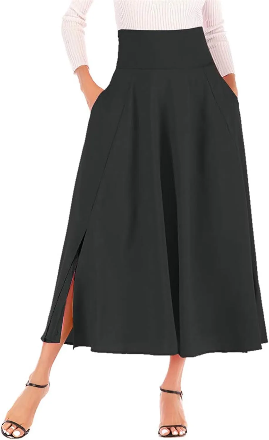 Women's Casual High-Waisted Pleated Maxi Skirt with PocketsSolid Long Vintage Strappy Skirt