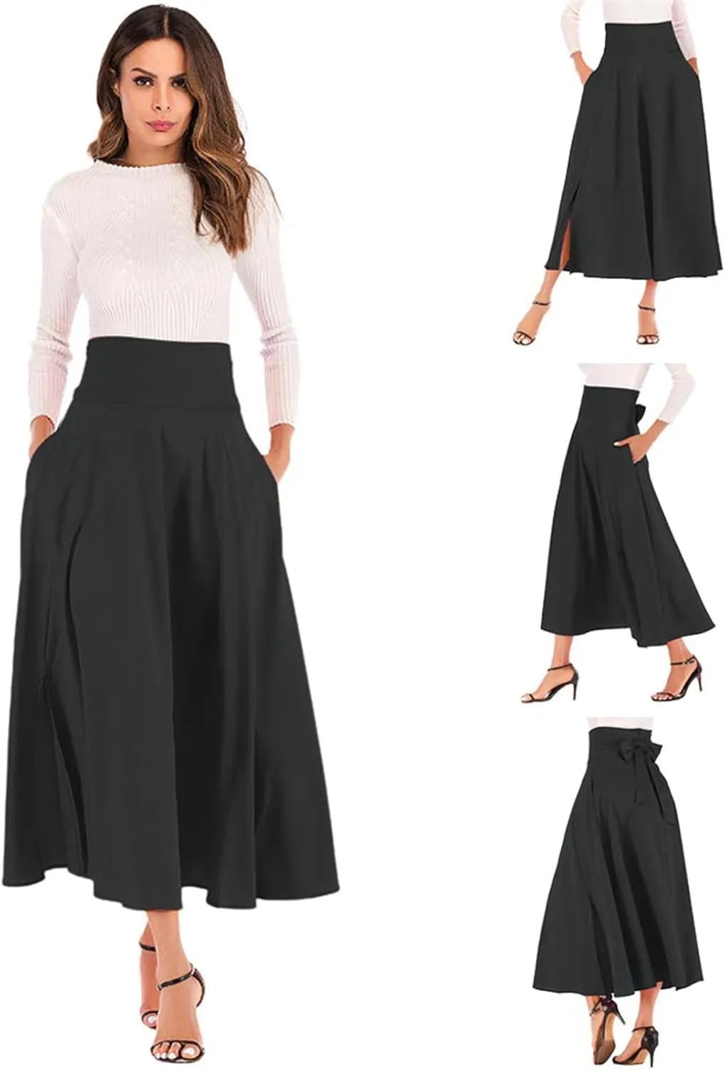 Women's Casual High-Waisted Pleated Maxi Skirt with PocketsSolid Long Vintage Strappy Skirt