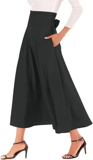 Women's Casual High-Waisted Pleated Maxi Skirt with PocketsSolid Long Vintage Strappy Skirt