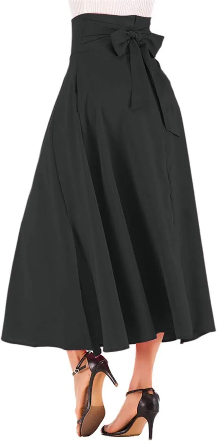 Women's Casual High-Waisted Pleated Maxi Skirt with PocketsSolid Long Vintage Strappy Skirt