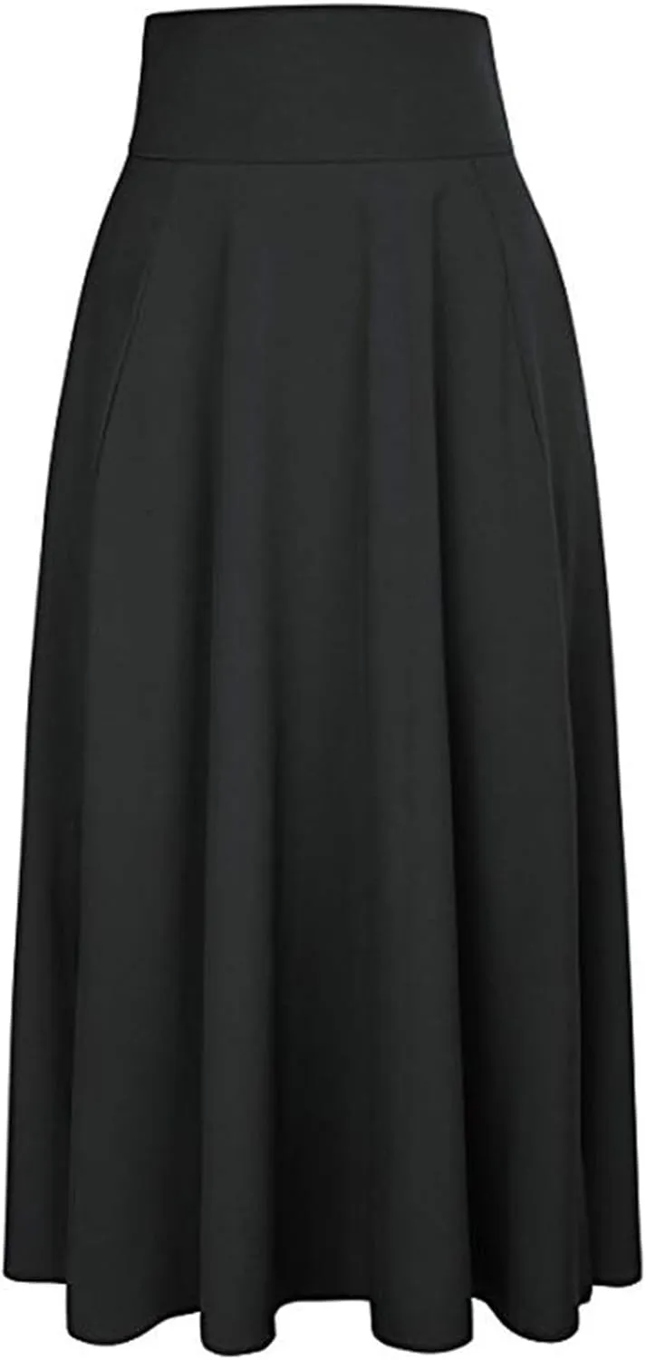 Women's Casual High-Waisted Pleated Maxi Skirt with PocketsSolid Long Vintage Strappy Skirt