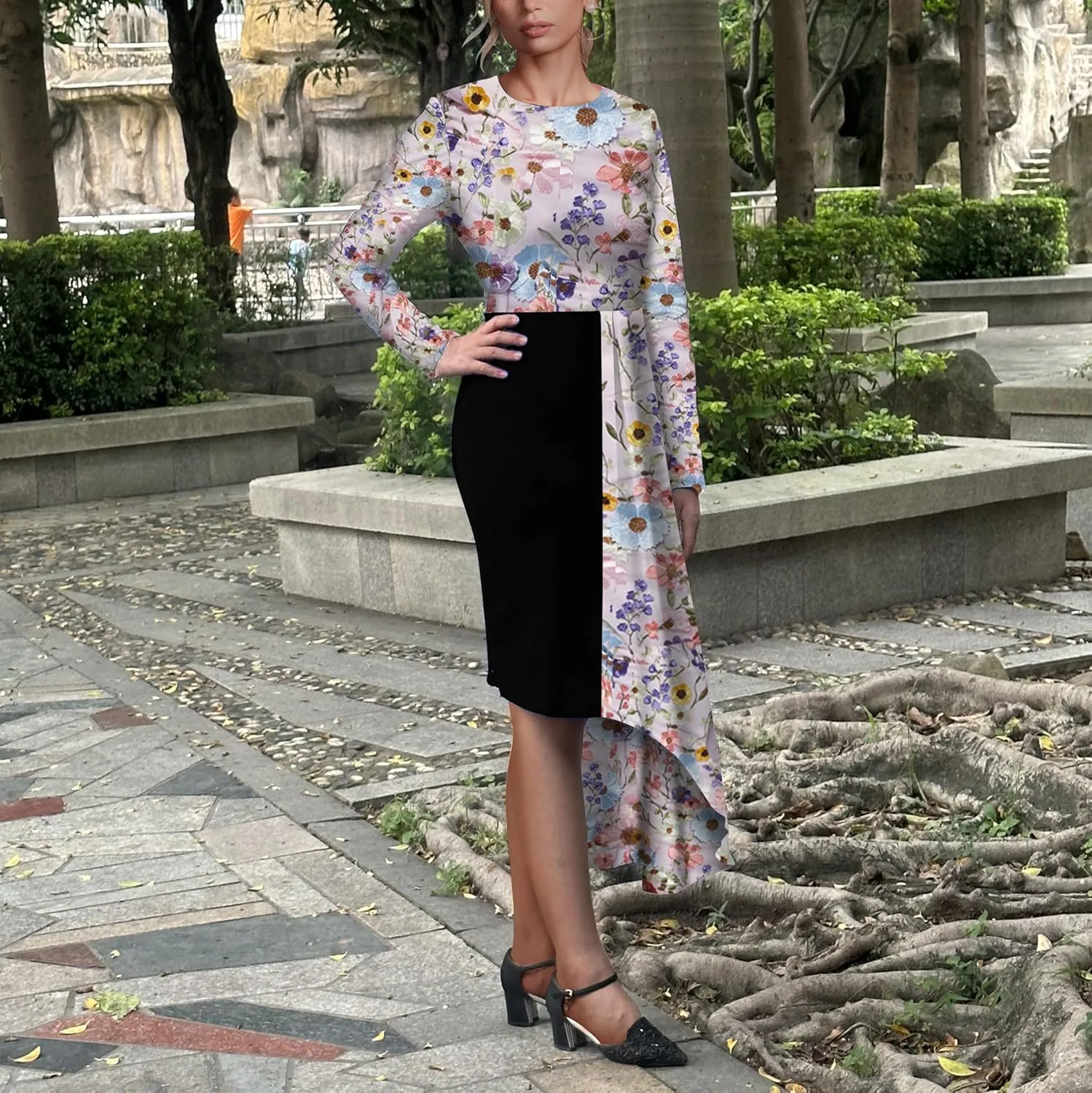 Women's Cocktail Party Dress Long Sleeve Floral Vintage Fit Flare Asymmetrical Flowy Midi Dresses