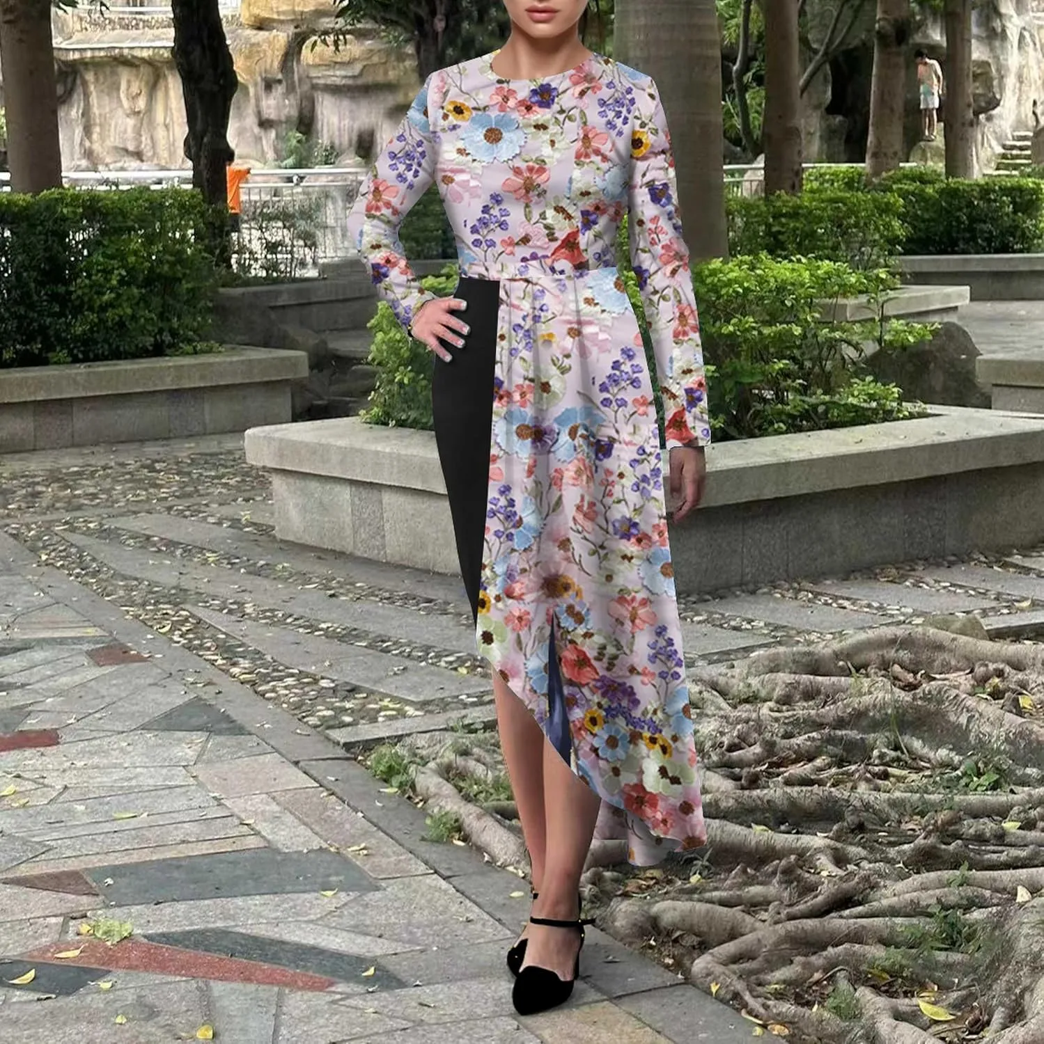 Women's Cocktail Party Dress Long Sleeve Floral Vintage Fit Flare Asymmetrical Flowy Midi Dresses