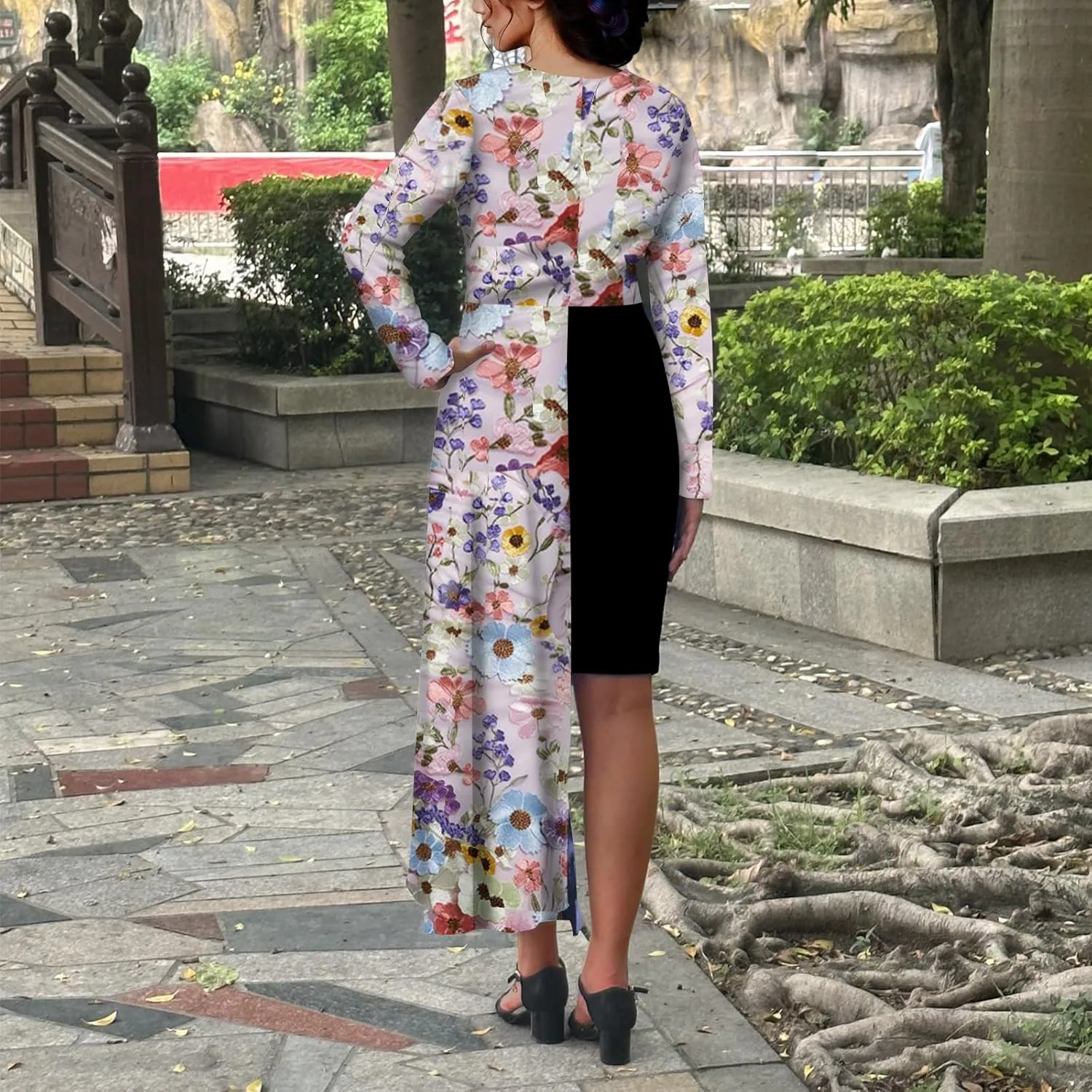 Women's Cocktail Party Dress Long Sleeve Floral Vintage Fit Flare Asymmetrical Flowy Midi Dresses