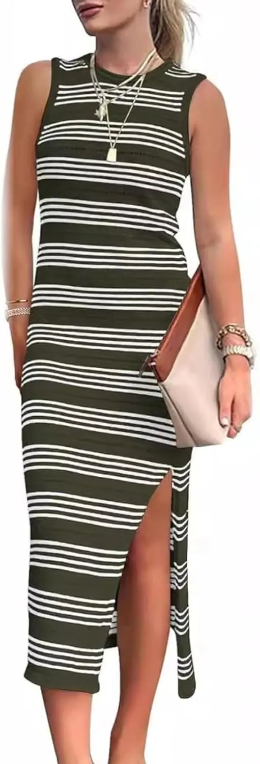 Womens Knit Side Slit Striped Long Tank Dress Bodycon Casual Midi Sundress Sleeveless Summer Dresses Hollow Out