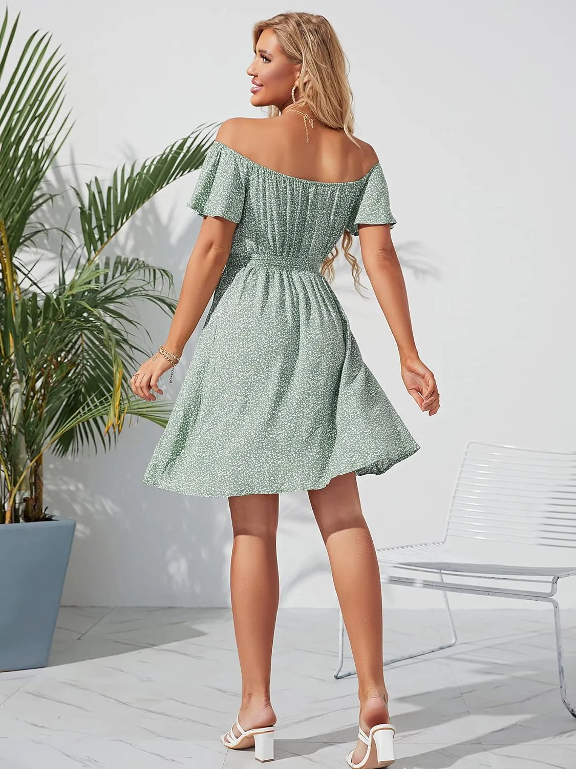 Womens Off Shoulder Ruffle Floral Summer Wedding Guest Dresses A Line Shift Short Skater Dress with Belt