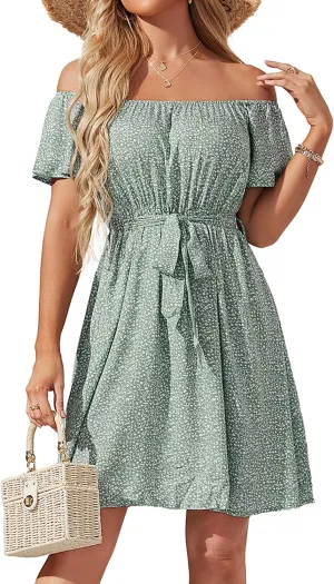 Womens Off Shoulder Ruffle Floral Summer Wedding Guest Dresses A Line Shift Short Skater Dress with Belt