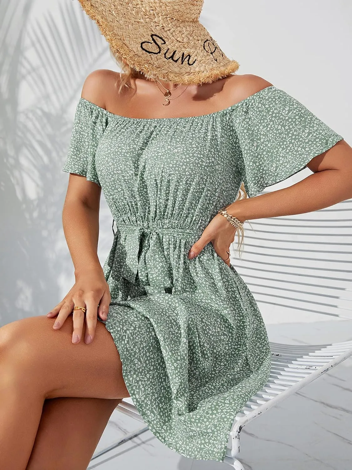 Womens Off Shoulder Ruffle Floral Summer Wedding Guest Dresses A Line Shift Short Skater Dress with Belt