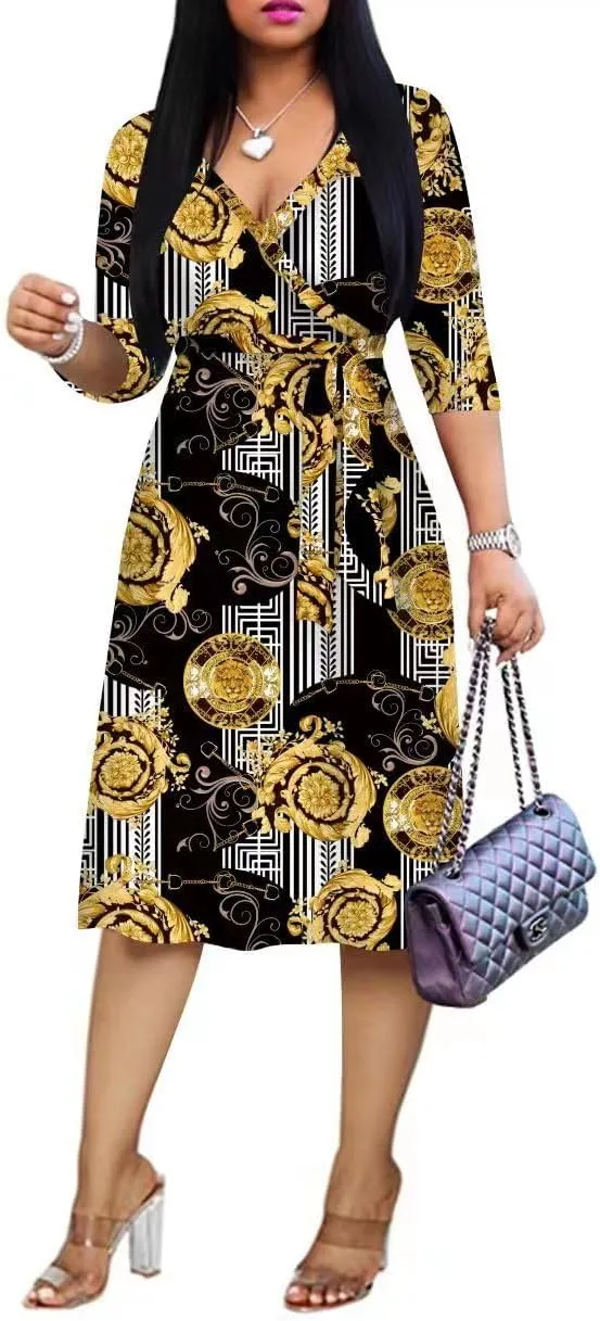 Womens Plus Size Summer Dresses Sexy V Neck Midi Dress Faux Wrap Dress 3/4 Sleeve Boho Casual Floral A-Line Skirts