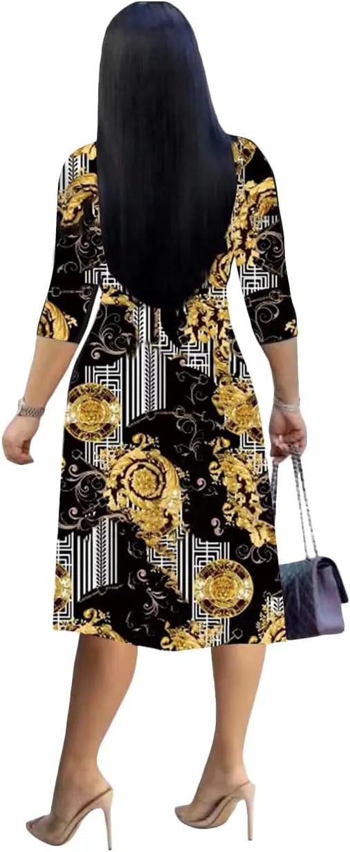 Womens Plus Size Summer Dresses Sexy V Neck Midi Dress Faux Wrap Dress 3/4 Sleeve Boho Casual Floral A-Line Skirts