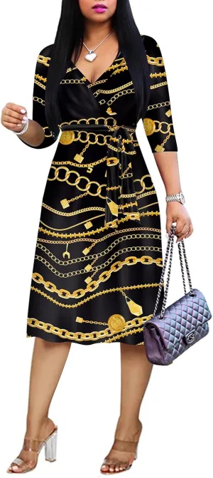 Womens Plus Size Summer Dresses Sexy V Neck Midi Dress Faux Wrap Dress 3/4 Sleeve Boho Casual Floral A-Line Skirts