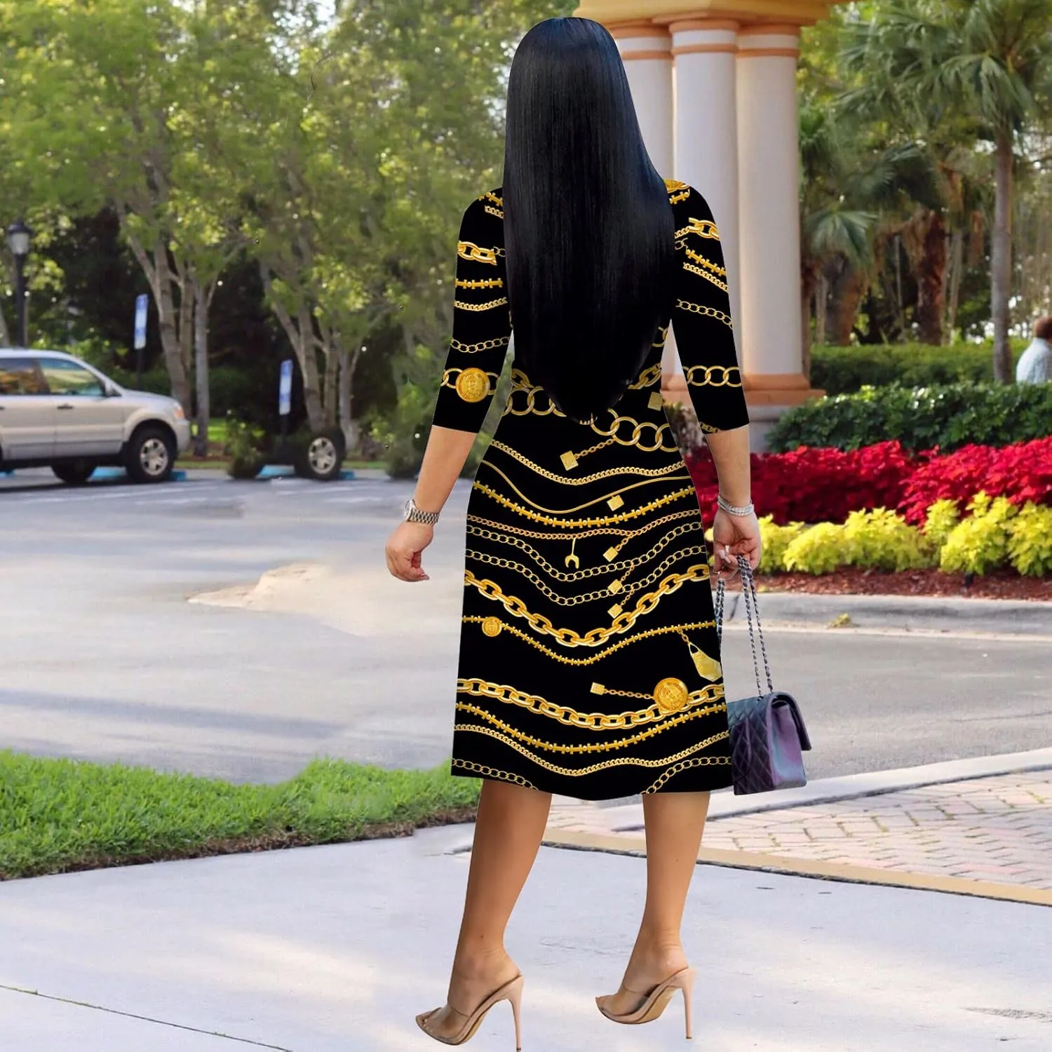 Womens Plus Size Summer Dresses Sexy V Neck Midi Dress Faux Wrap Dress 3/4 Sleeve Boho Casual Floral A-Line Skirts