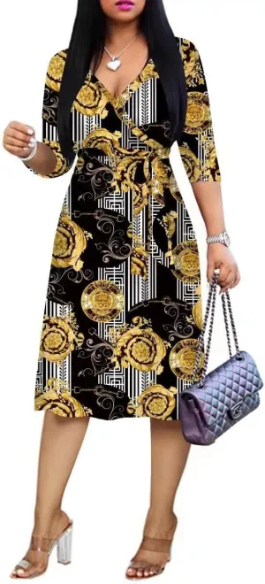 Womens Plus Size Summer Dresses Sexy V Neck Midi Dress Faux Wrap Dress 3/4 Sleeve Boho Casual Floral A-Line Skirts