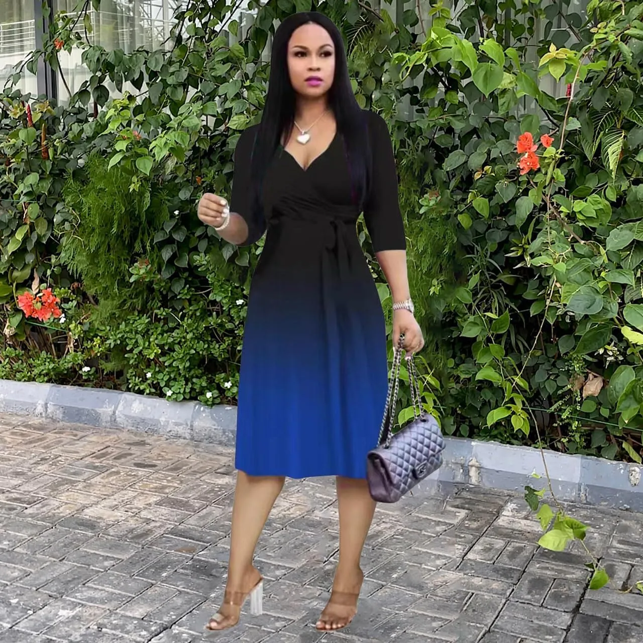 Womens Plus Size Summer Dresses Sexy V Neck Midi Dress Faux Wrap Dress 3/4 Sleeve Boho Casual Floral A-Line Skirts