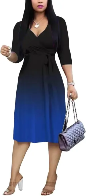 Womens Plus Size Summer Dresses Sexy V Neck Midi Dress Faux Wrap Dress 3/4 Sleeve Boho Casual Floral A-Line Skirts