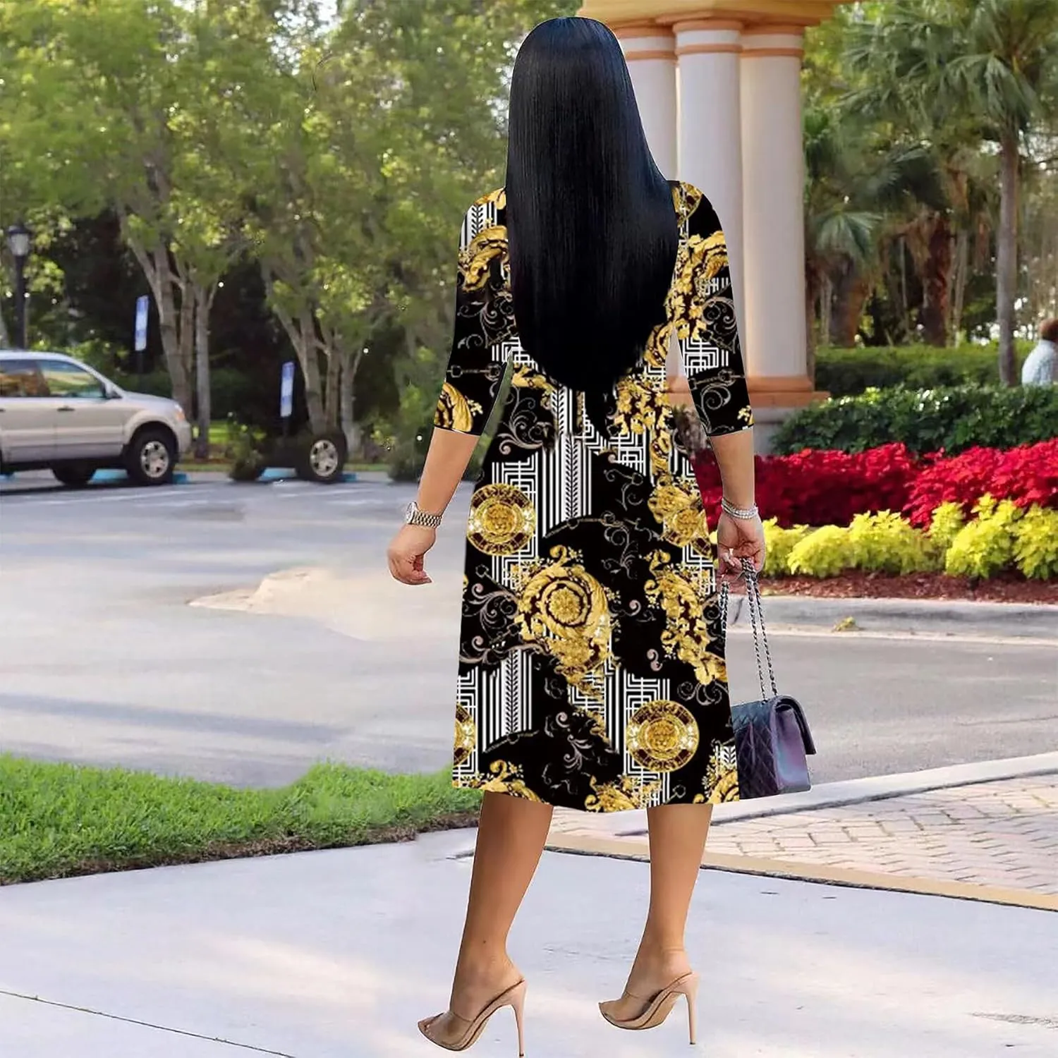 Womens Plus Size Summer Dresses Sexy V Neck Midi Dress Faux Wrap Dress 3/4 Sleeve Boho Casual Floral A-Line Skirts