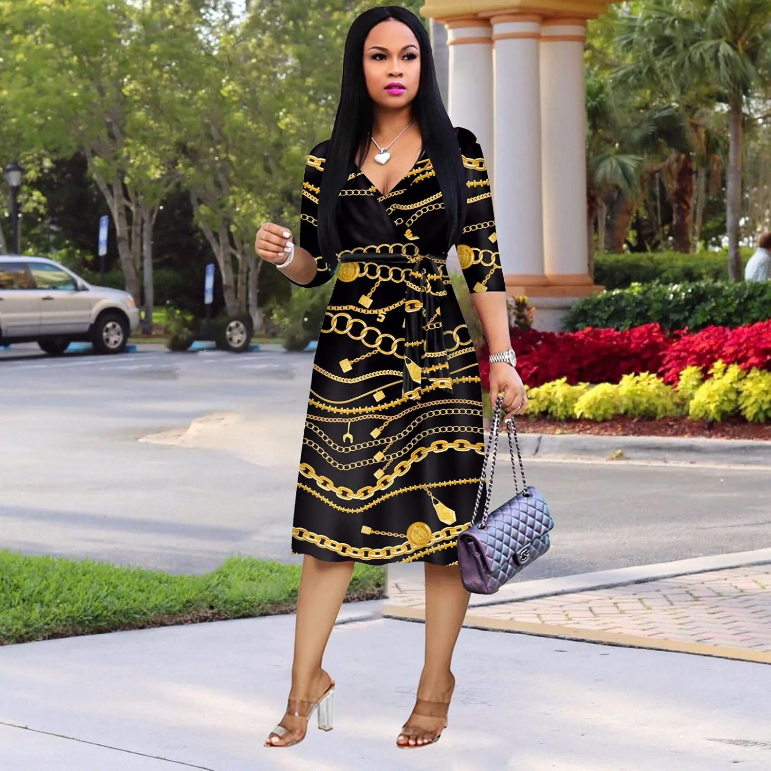 Womens Plus Size Summer Dresses Sexy V Neck Midi Dress Faux Wrap Dress 3/4 Sleeve Boho Casual Floral A-Line Skirts