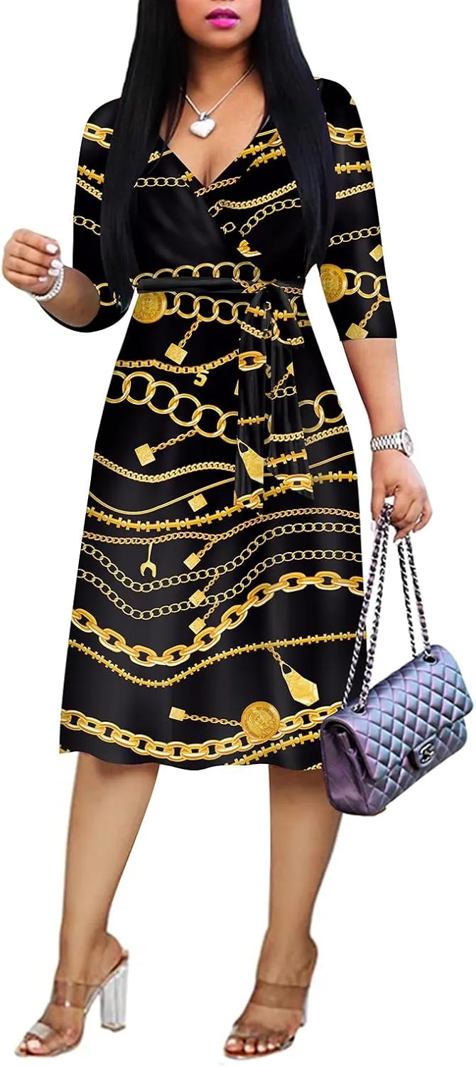 Womens Plus Size Summer Dresses Sexy V Neck Midi Dress Faux Wrap Dress 3/4 Sleeve Boho Casual Floral A-Line Skirts