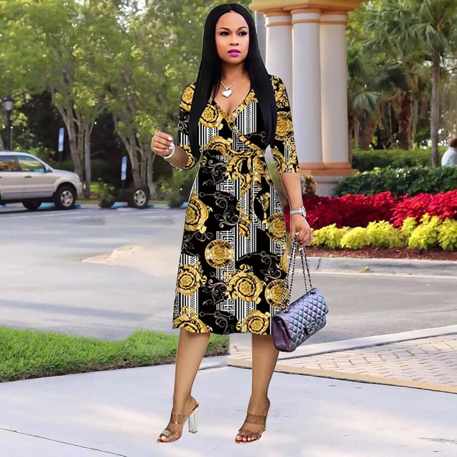 Womens Plus Size Summer Dresses Sexy V Neck Midi Dress Faux Wrap Dress 3/4 Sleeve Boho Casual Floral A-Line Skirts