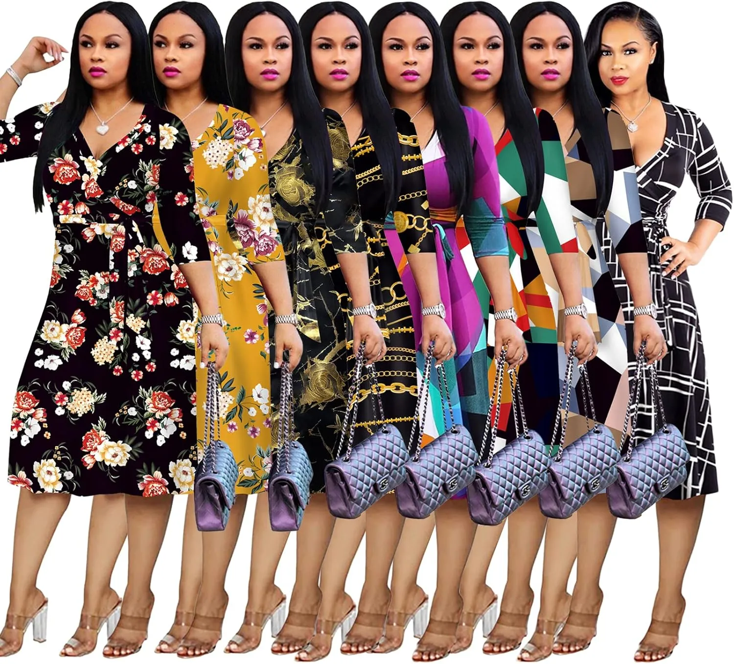 Womens Plus Size Summer Dresses Sexy V Neck Midi Dress Faux Wrap Dress 3/4 Sleeve Boho Casual Floral A-Line Skirts