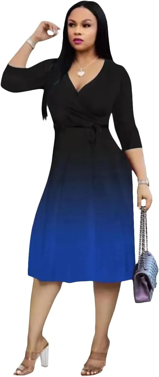 Womens Plus Size Summer Dresses Sexy V Neck Midi Dress Faux Wrap Dress 3/4 Sleeve Boho Casual Floral A-Line Skirts