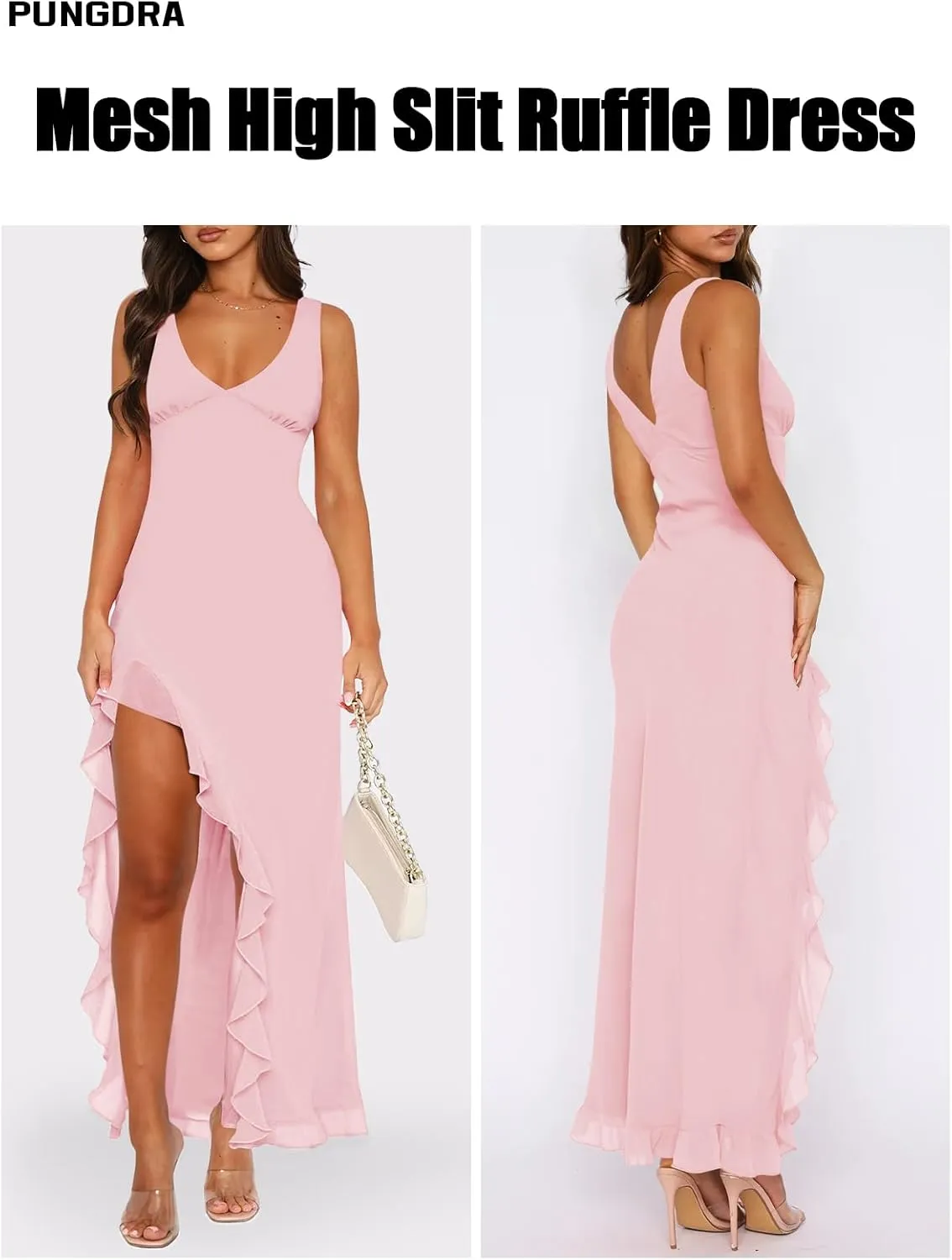 Women's Sexy V Neck Mesh Ruffles Hem High Slit Bodycon Maxi Dress for Women Formal Cocktail Wedding Guest Dresses
