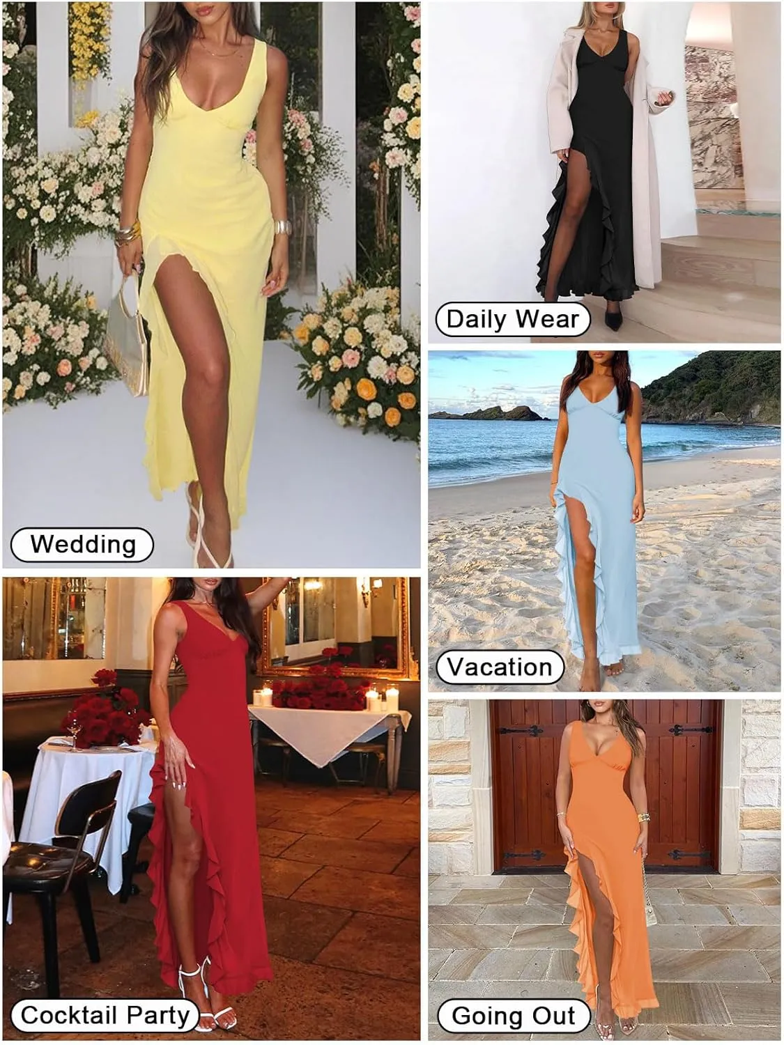 Women's Sexy V Neck Mesh Ruffles Hem High Slit Bodycon Maxi Dress for Women Formal Cocktail Wedding Guest Dresses