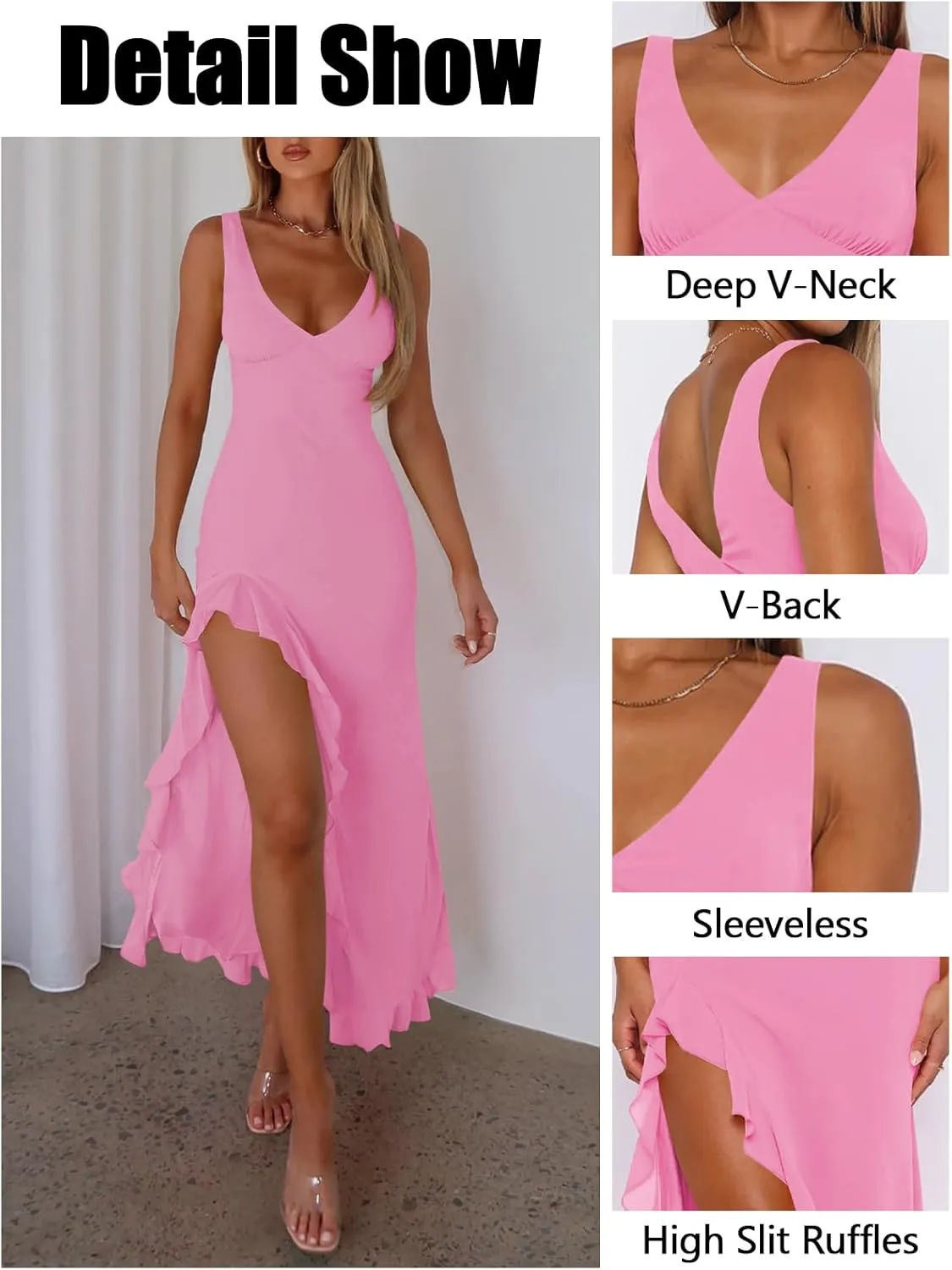 Women's Sexy V Neck Mesh Ruffles Hem High Slit Bodycon Maxi Dress for Women Formal Cocktail Wedding Guest Dresses
