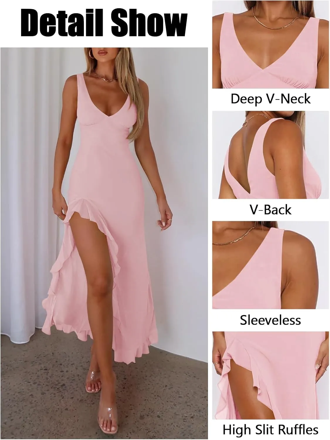 Women's Sexy V Neck Mesh Ruffles Hem High Slit Bodycon Maxi Dress for Women Formal Cocktail Wedding Guest Dresses