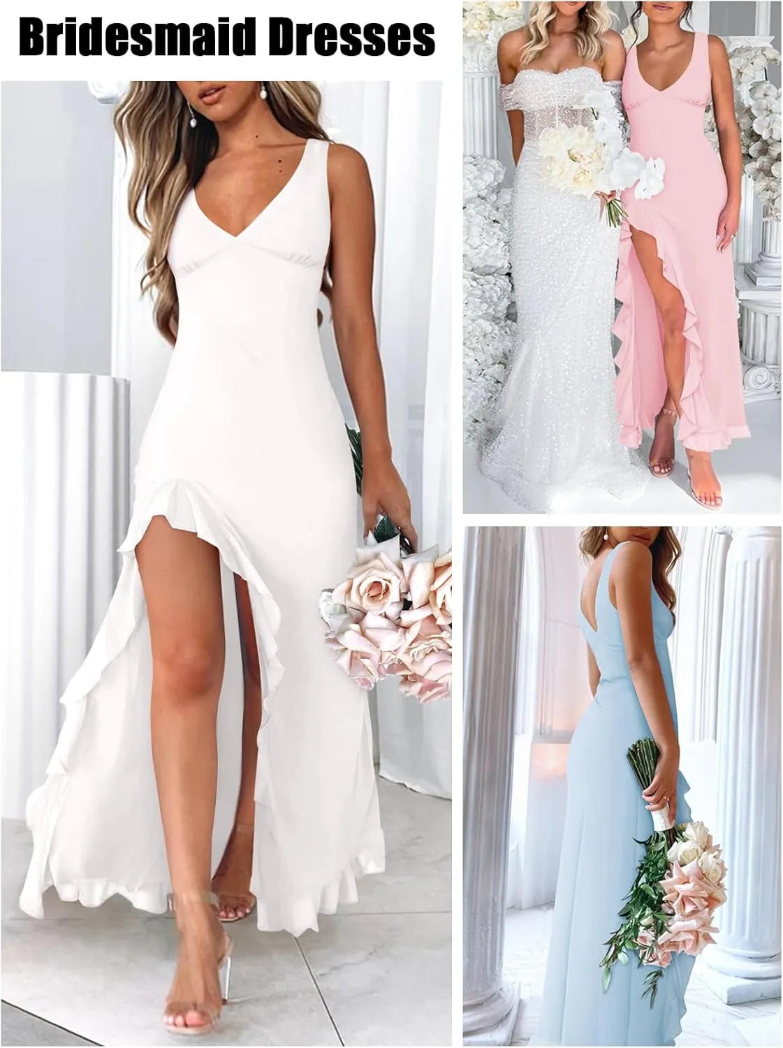 Women's Sexy V Neck Mesh Ruffles Hem High Slit Bodycon Maxi Dress for Women Formal Cocktail Wedding Guest Dresses