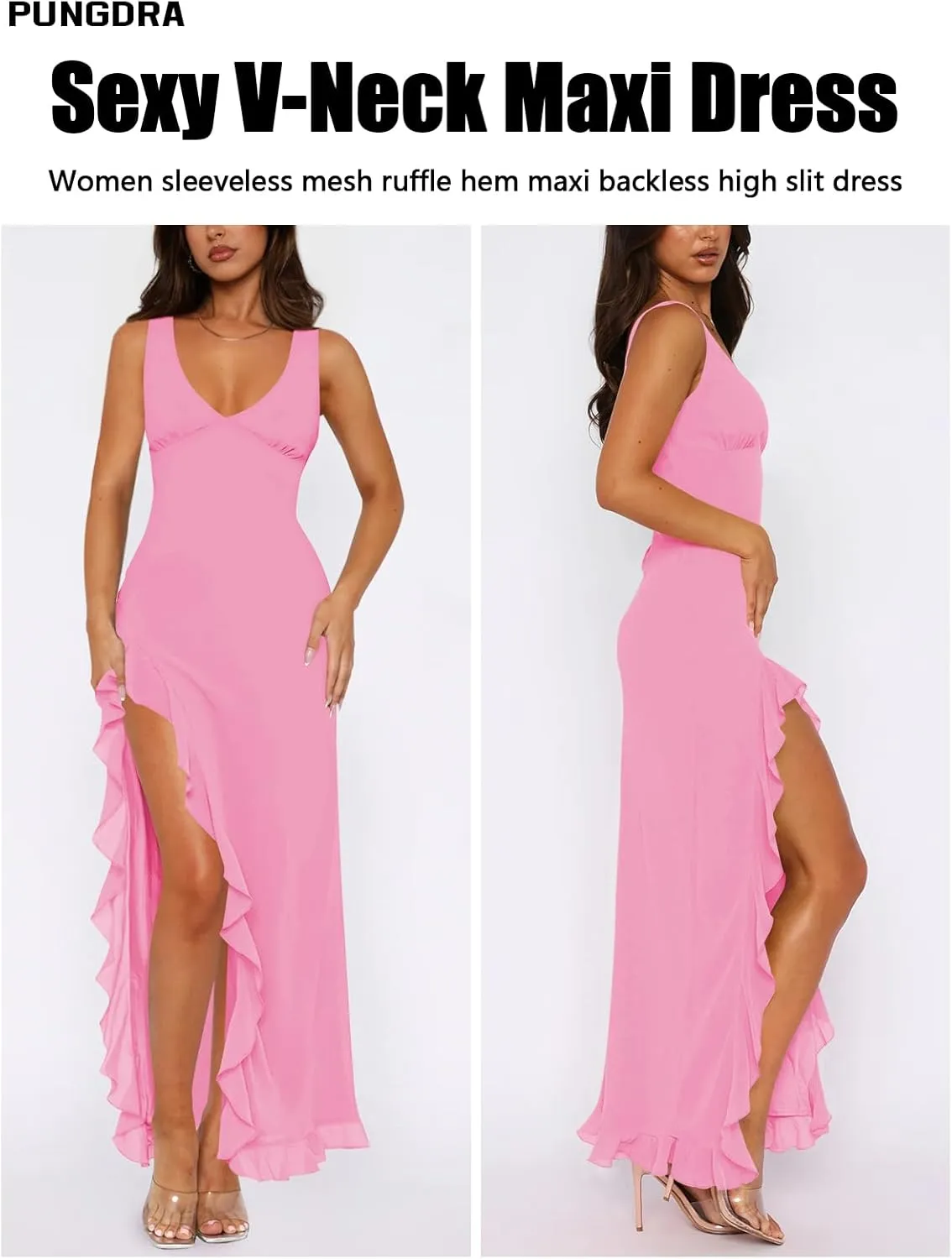Women's Sexy V Neck Mesh Ruffles Hem High Slit Bodycon Maxi Dress for Women Formal Cocktail Wedding Guest Dresses