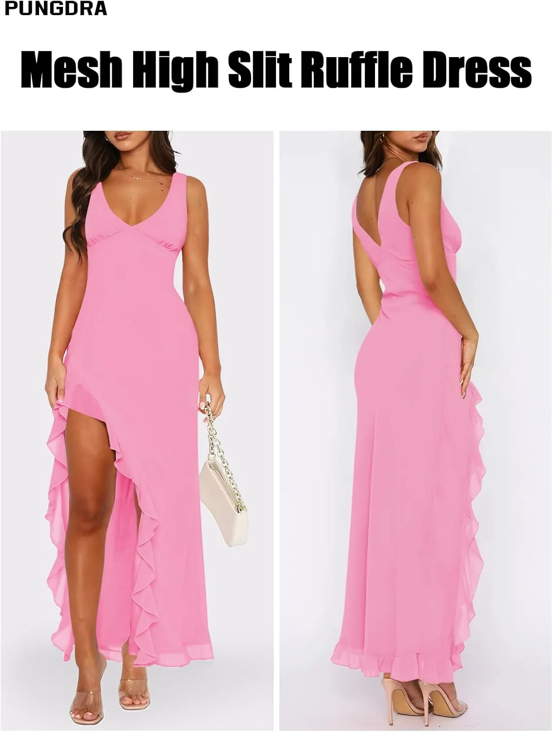 Women's Sexy V Neck Mesh Ruffles Hem High Slit Bodycon Maxi Dress for Women Formal Cocktail Wedding Guest Dresses