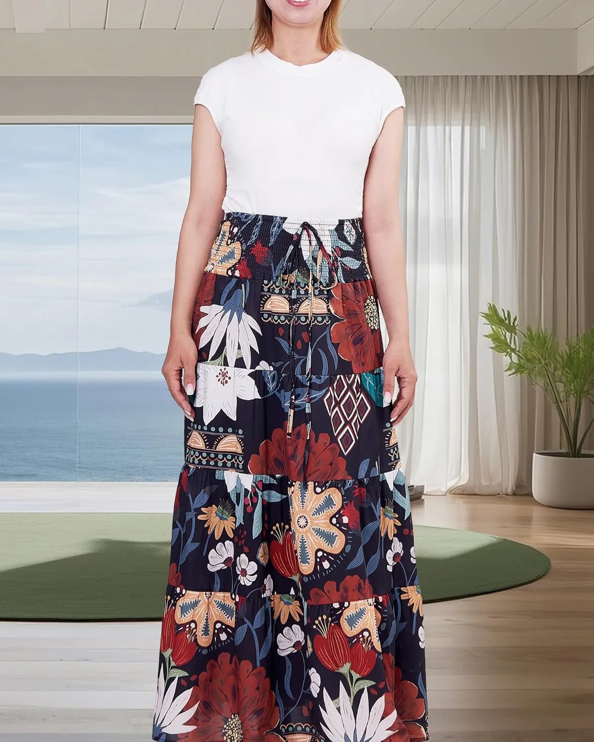 Women's Summer Flowy Boho Maxi Skirt 2025 A-Line Flowy Ruffle Tiered Drawstring Elastic High Waist Beach Long Skirts