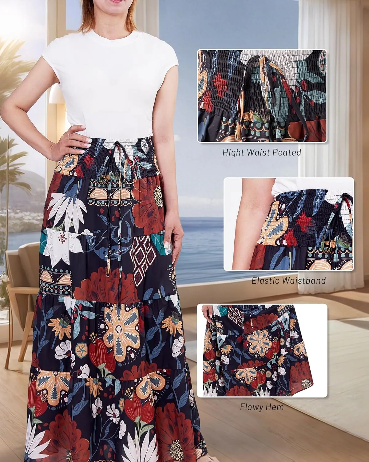 Women's Summer Flowy Boho Maxi Skirt 2025 A-Line Flowy Ruffle Tiered Drawstring Elastic High Waist Beach Long Skirts