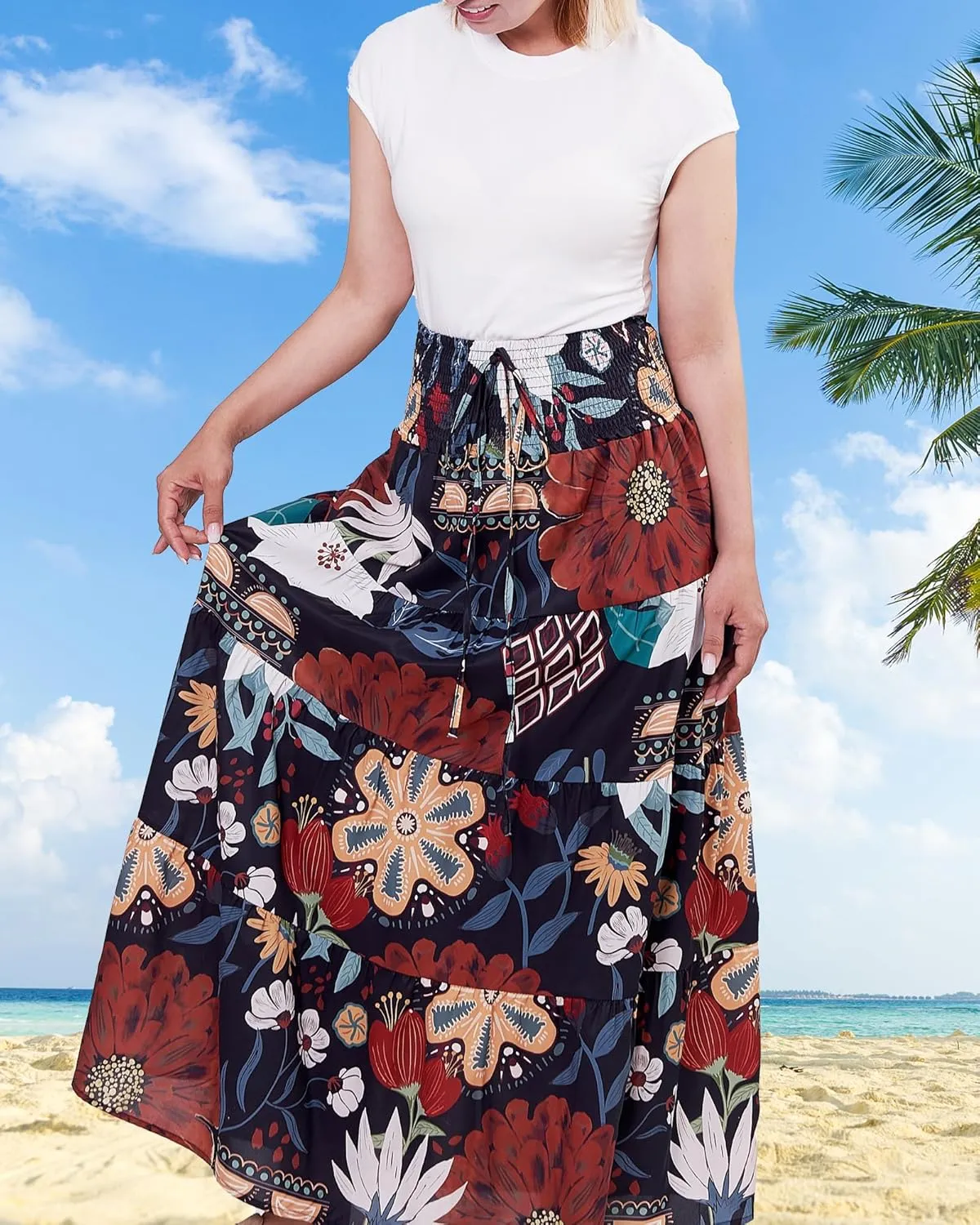 Women's Summer Flowy Boho Maxi Skirt 2025 A-Line Flowy Ruffle Tiered Drawstring Elastic High Waist Beach Long Skirts
