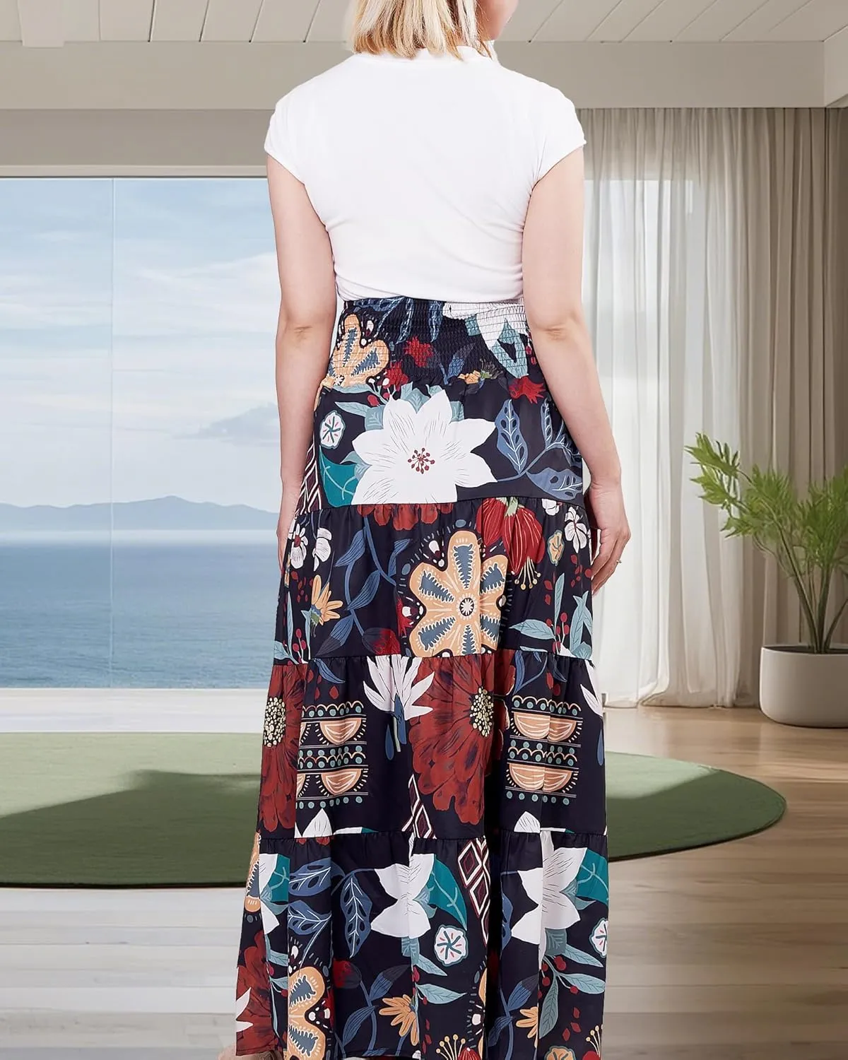 Women's Summer Flowy Boho Maxi Skirt 2025 A-Line Flowy Ruffle Tiered Drawstring Elastic High Waist Beach Long Skirts