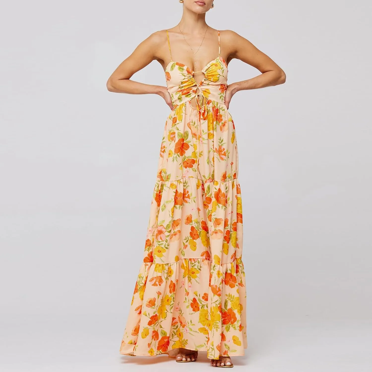 Womens Vintage Floral Long Dress Y2k Spaghetti Strap Tie Back Hollow Out Maxi Dress Summer Beach Party Sundress