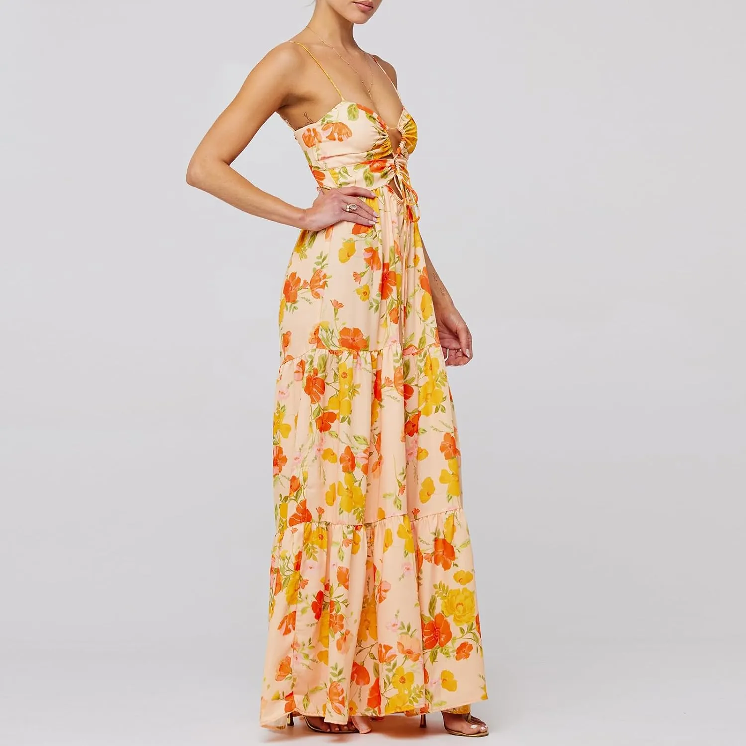 Womens Vintage Floral Long Dress Y2k Spaghetti Strap Tie Back Hollow Out Maxi Dress Summer Beach Party Sundress