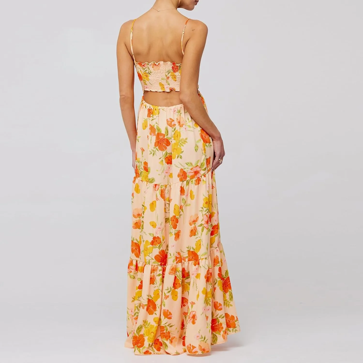 Womens Vintage Floral Long Dress Y2k Spaghetti Strap Tie Back Hollow Out Maxi Dress Summer Beach Party Sundress