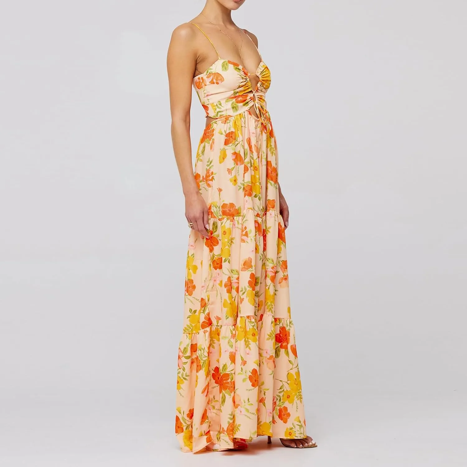 Womens Vintage Floral Long Dress Y2k Spaghetti Strap Tie Back Hollow Out Maxi Dress Summer Beach Party Sundress
