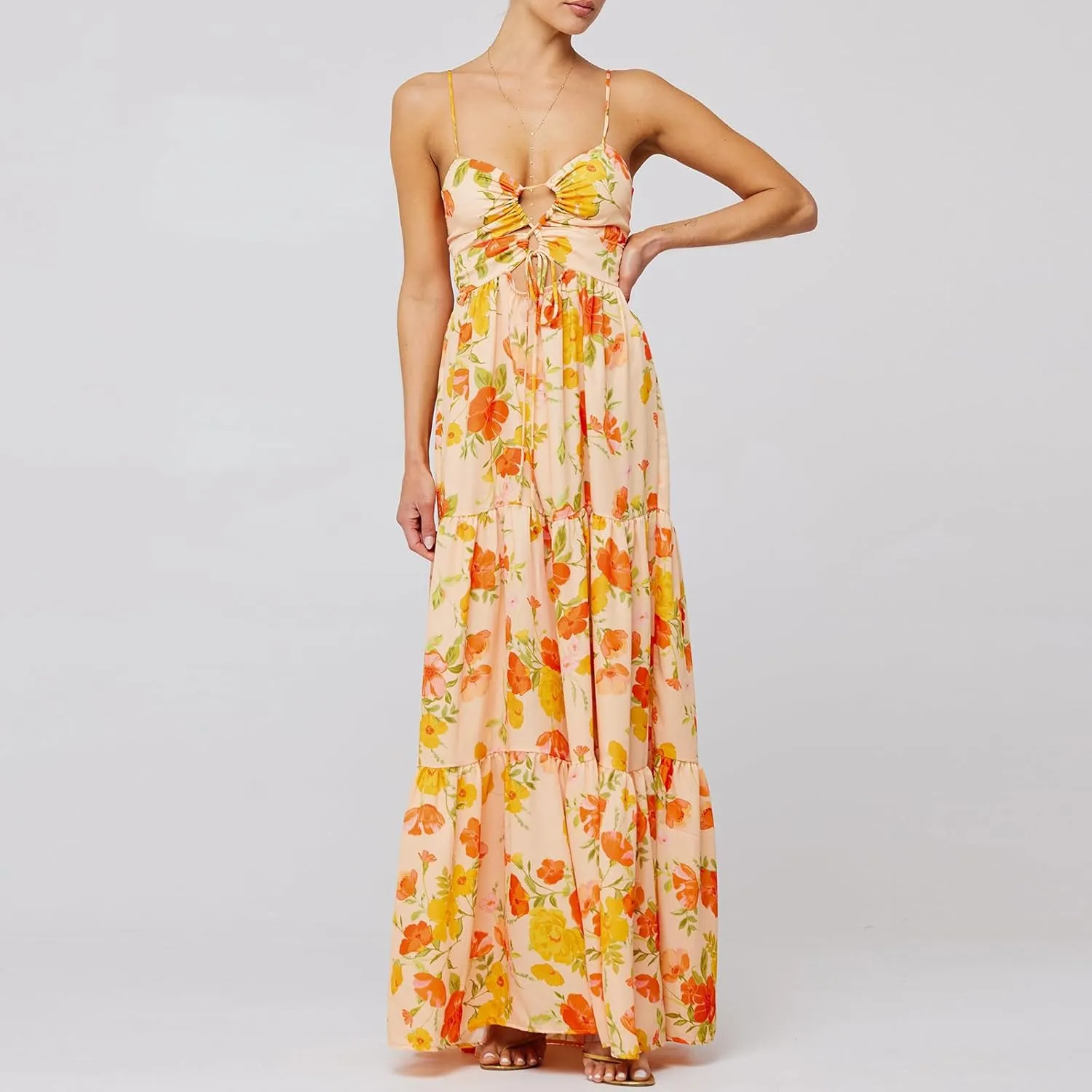 Womens Vintage Floral Long Dress Y2k Spaghetti Strap Tie Back Hollow Out Maxi Dress Summer Beach Party Sundress
