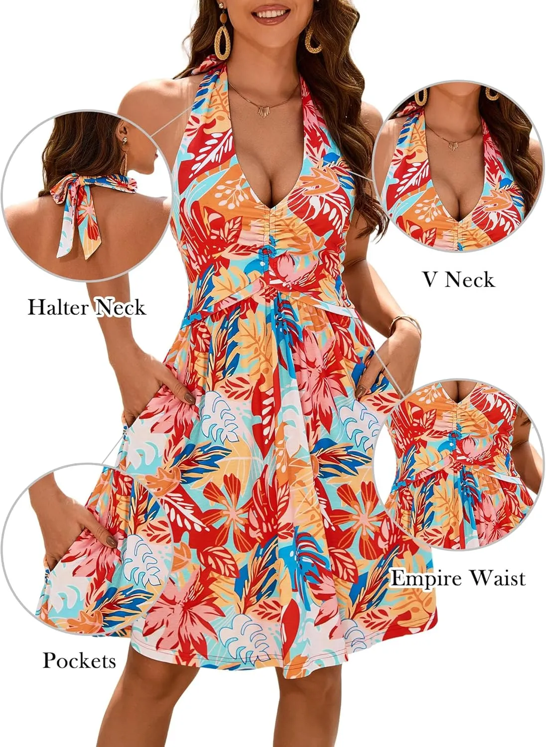 ZABERRY Women Summer Sundresses Halter Neck Deep V Tie Backless Floral Ruched Graduation Sun Dresses 2025 with Pockets