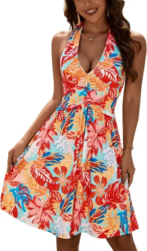 ZABERRY Women Summer Sundresses Halter Neck Deep V Tie Backless Floral Ruched Graduation Sun Dresses 2025 with Pockets